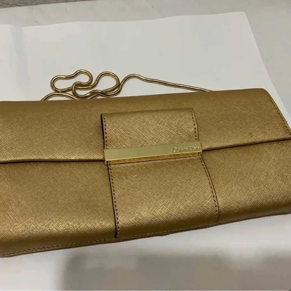 New Calvin Klein gold saffiano leather clutch evening bag